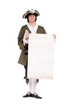 Young man in a historical costume with the blank paper in hands