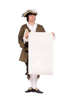Man in a historical costume with the blank paper in hands. Isolated