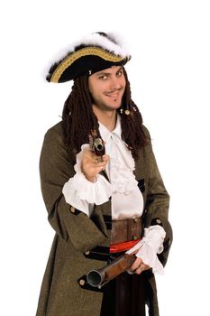 Portrait of young man in a pirate costume with pistols
