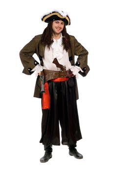 Smiling young man in a pirate costume with pistols