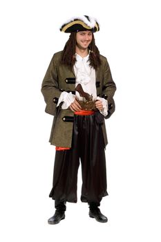 Smiling young man in a pirate costume with pistol