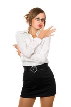 Attractive young woman in a black skirt and white shirt. Isolated 