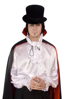 Young man in a suit of Count Dracula. Isolated