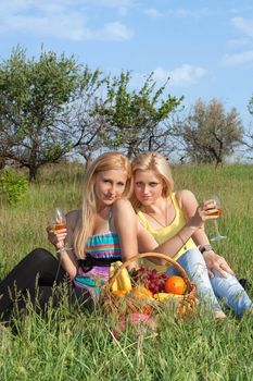 Two attractive blonde with wineglasses sitting on a grass 