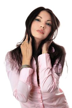 Portrait of attractive young woman in pink shirt. Isolated