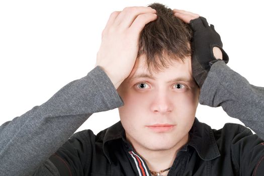 The young man pressure a head. Isolated