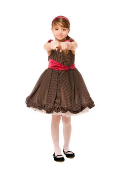 Nice little lady in a brown dress. Isolated