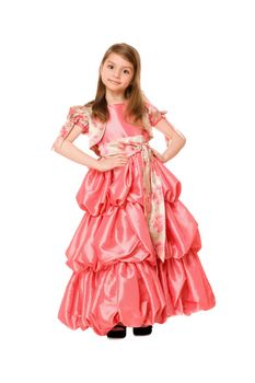 Cute little girl in a long dress. Isolated