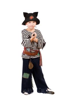 Little boy with gun dressed as a pirate. Isolated