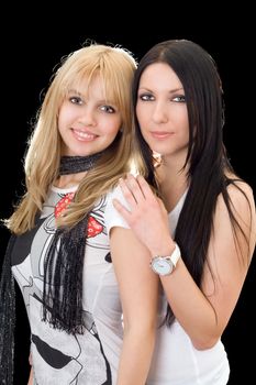 Portrait of the young brunette and blonde. Isolated