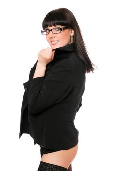 Portrait of sexy cheerful brunette in a black jacket