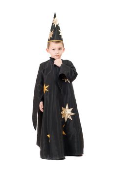 Boy dressed as astrologer. Isolated on white