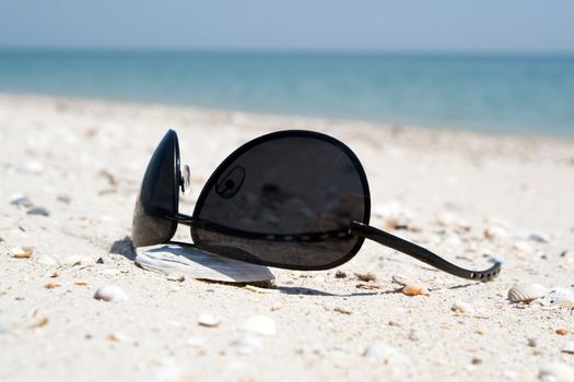The black sunglasses lying on a beach