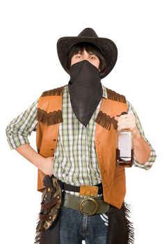 Portrait of cowboy with a bottle of whiskey in hand