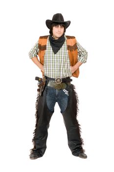 Young man dressed as cowboy. Isolated on white