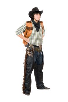 Young man dressed as cowboy. Isolated on white background