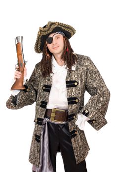 Portrait of man in a pirate costume with pistol