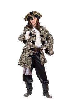 Man in a pirate costume with pistol. Isolated on white