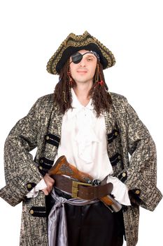 Portrait of man dressed as pirate. Isolated on white