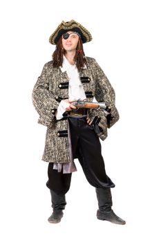 Man dressed as pirate with a pistol in hand