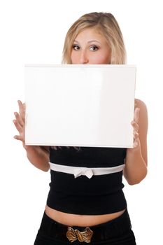 Young woman holding white board. Isolated
 on white