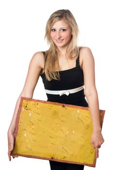Young blonde posing with yellow vintage board. Isolated