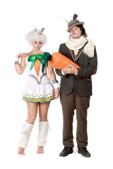 Funny couple dressed as rabbits. Isolated on white
