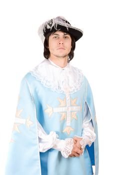 Portrait of young man dressed as musketeer. Isolated