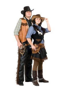 Young cowboy and cowgirl. Isolated on white