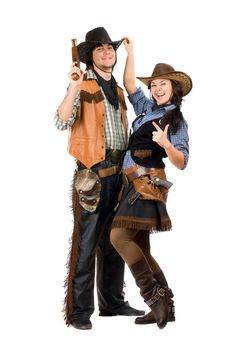 Cheerful young cowboy and cowgirl. Isolated on white