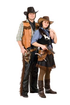 Young cowboy and cowgirl. Isolated on white background