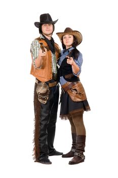 Young cowboy and cowgirl with a guns in hands. Isolated