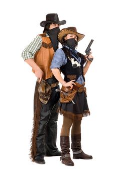 Couple of burglars in cowboy costumes. Isolated on white