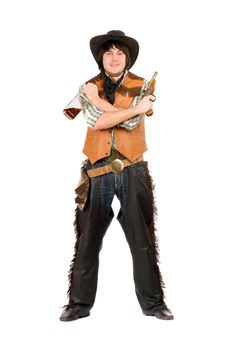 Happy cowboy with a bottle and gun in hands