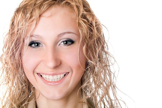 Portrait of young cheerful blond woman. Isolated on white