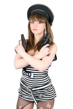 Portrait of the pretty sailor with pistols
