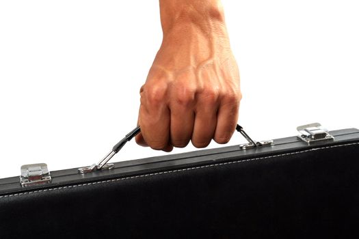 Hand with a black suitcase. Isolated on white