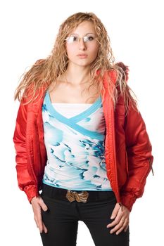 Young blonde wearing glasses in red jacket. Isolated