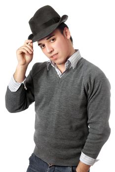 Young handsome man wearing black hat. Isolated on white