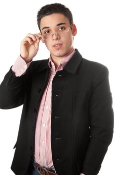 Young man in a black jacket and glasses