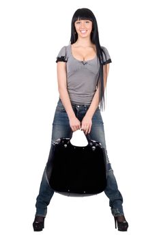 Pretty smiling girl with a handbag. Isolated