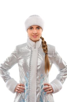 Portrait of a smiling attractive Snow Maiden. Isolated on white