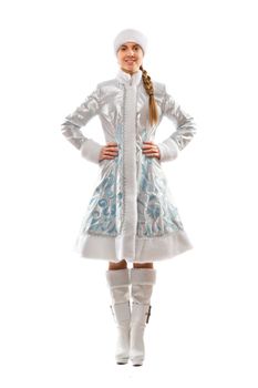Lovely smiling Snow Maiden. Isolated on white