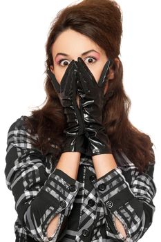Portrait of frightened young woman in a checkered jacket. Isolated