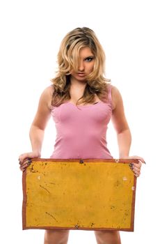 Young blonde posing with yellow vintage board