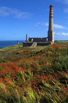 Remains of the old Engine house chimneys at Levant Tin Mine - located very close to Geevor Tin Mine in Cornwall, England.