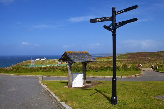 A view of Land's End in Cornwall, England.  The first and Last House in England can be seen in the distance.