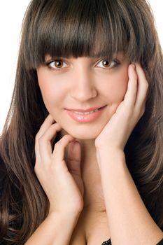 Portrait of young woman with dark hair and brown eyes. Isolated