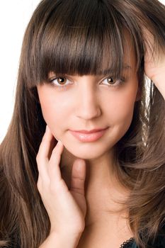 Portrait of pretty woman with dark hair and brown eyes. Isolated