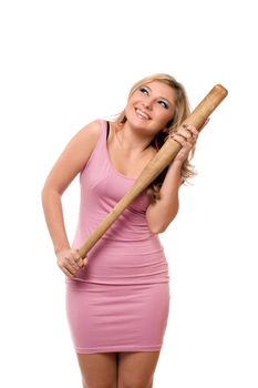 Portrait of happy young blonde with a bat in their hands